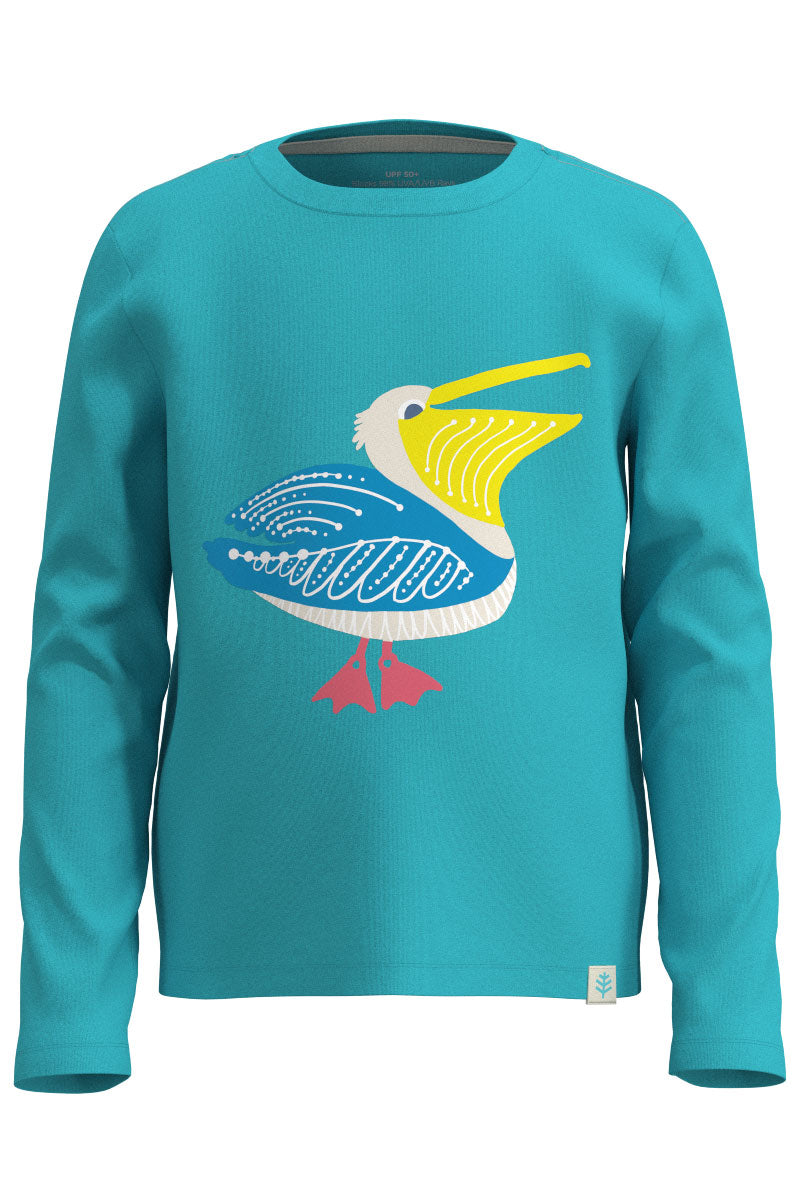 Kid's Coco Plum Everyday Long Sleeve Graphic T-Shirt | Blue Curacao Happy Pelican