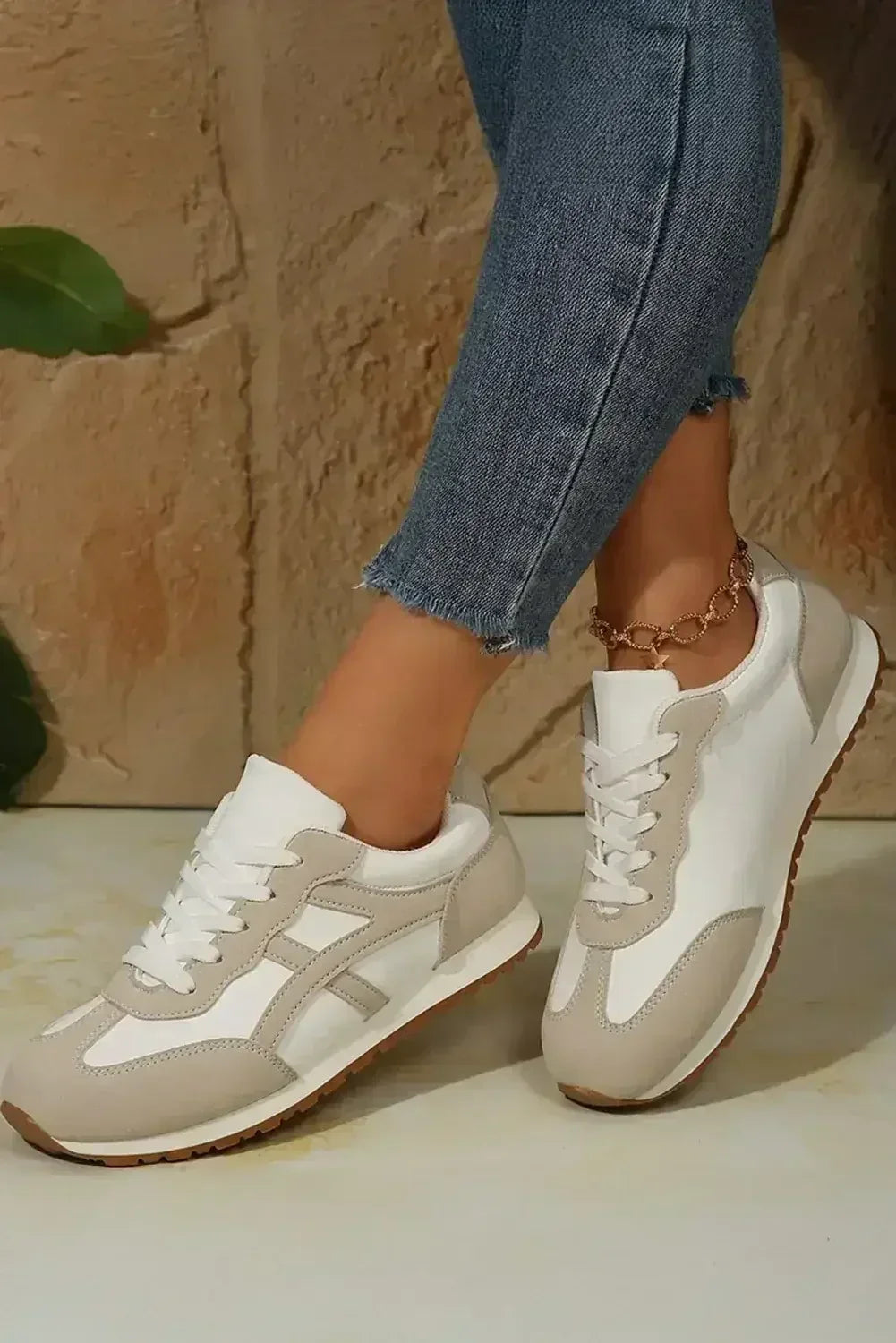 Oatmeal Contrast Sneakers - PU Leather Lace-Ups - Wholesale Neutral Kicks