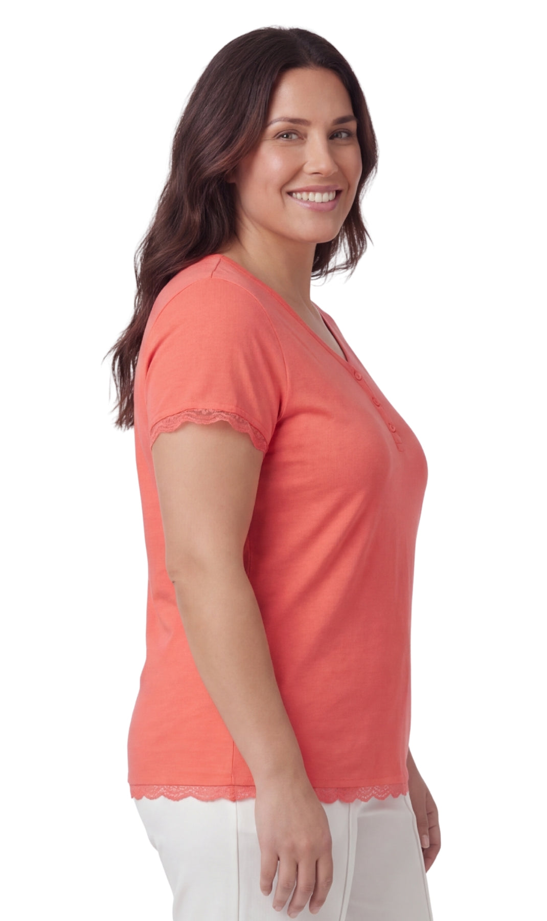 Women's V-neck Short Sleeve Tshirt with A Three Button Placket