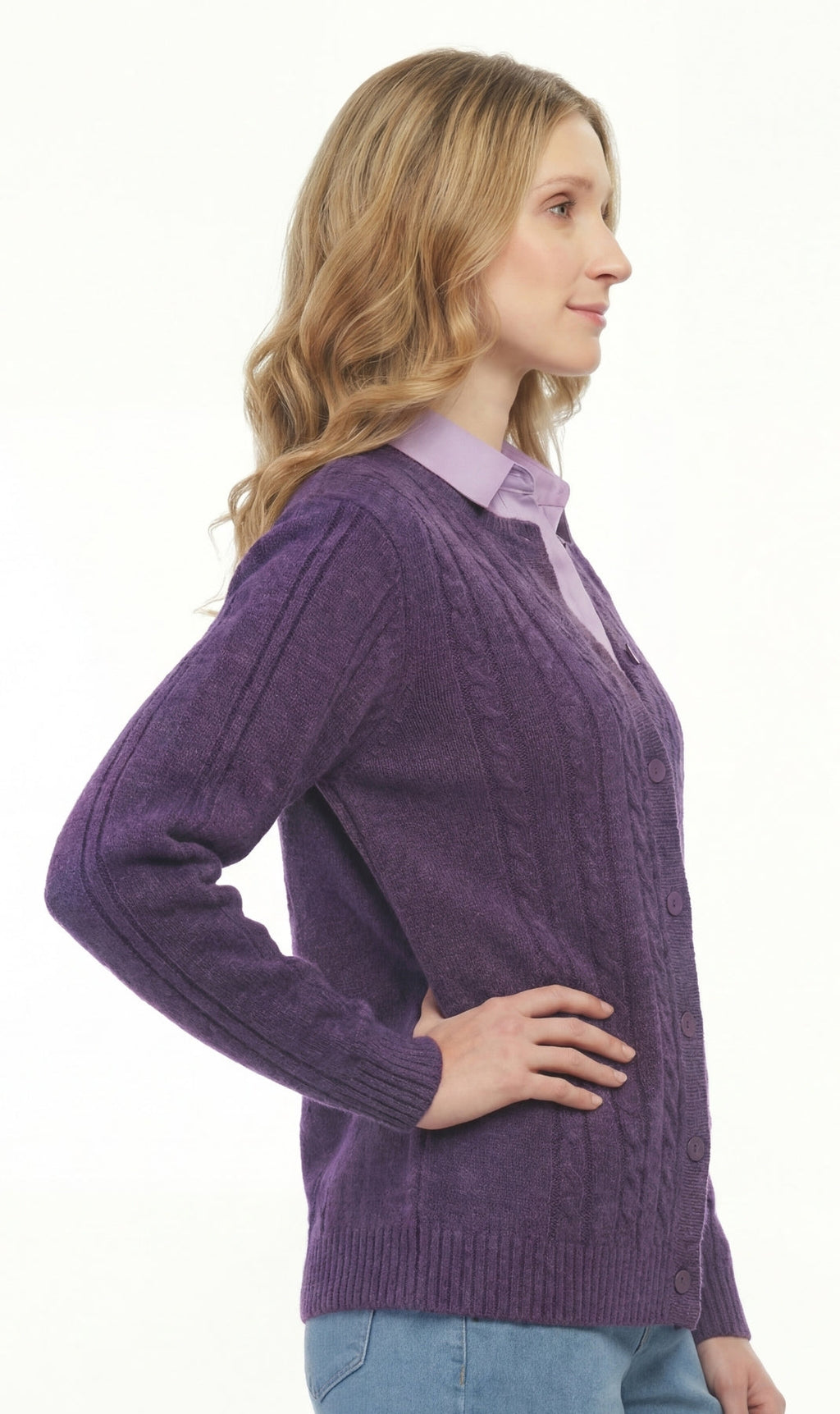 Women's Classic Button Front Cable Knit Cardigan in Soft Acryllic
