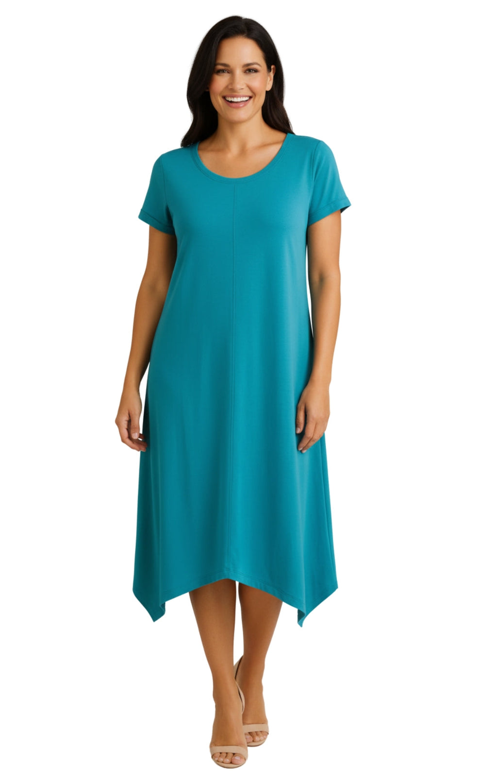 Women's Knit Wide Scoop Neck Short Sleeve Dress in A-line Asymmetrical Hem