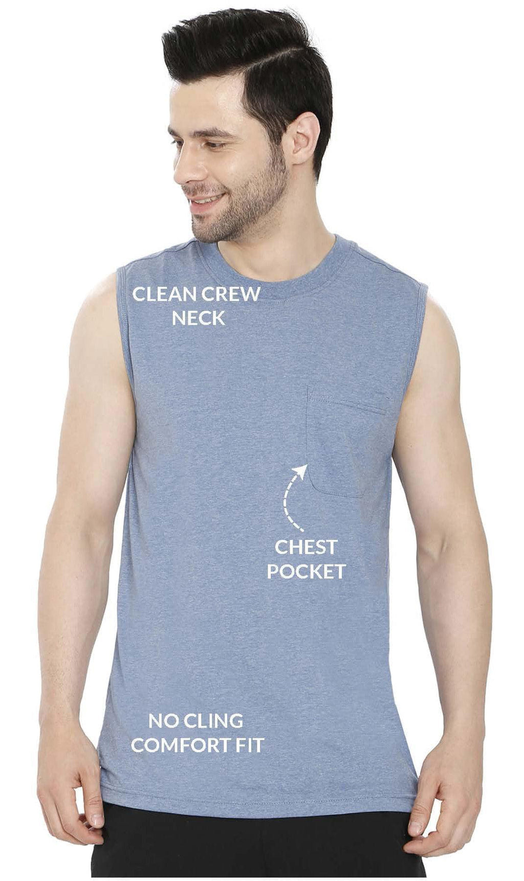 Men’s Sleeveless Crew Neck T-Shirt – Regular Fit, Heavier Cotton Blend Jersey with Chest Pocket