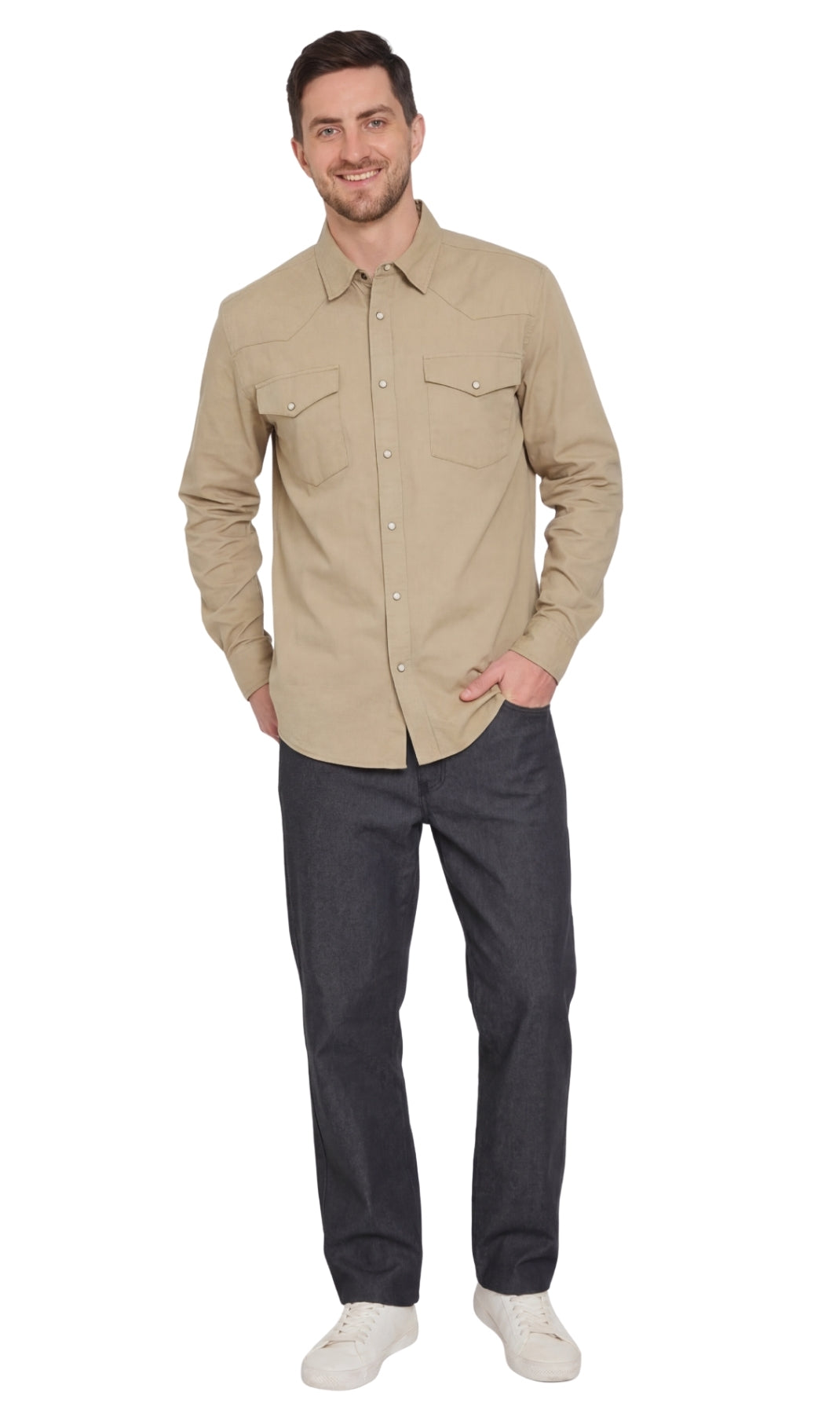 Mens Western Snap Front Button Shirt in Denim and Twill with a Stitched Yoke and Chest Pockets
