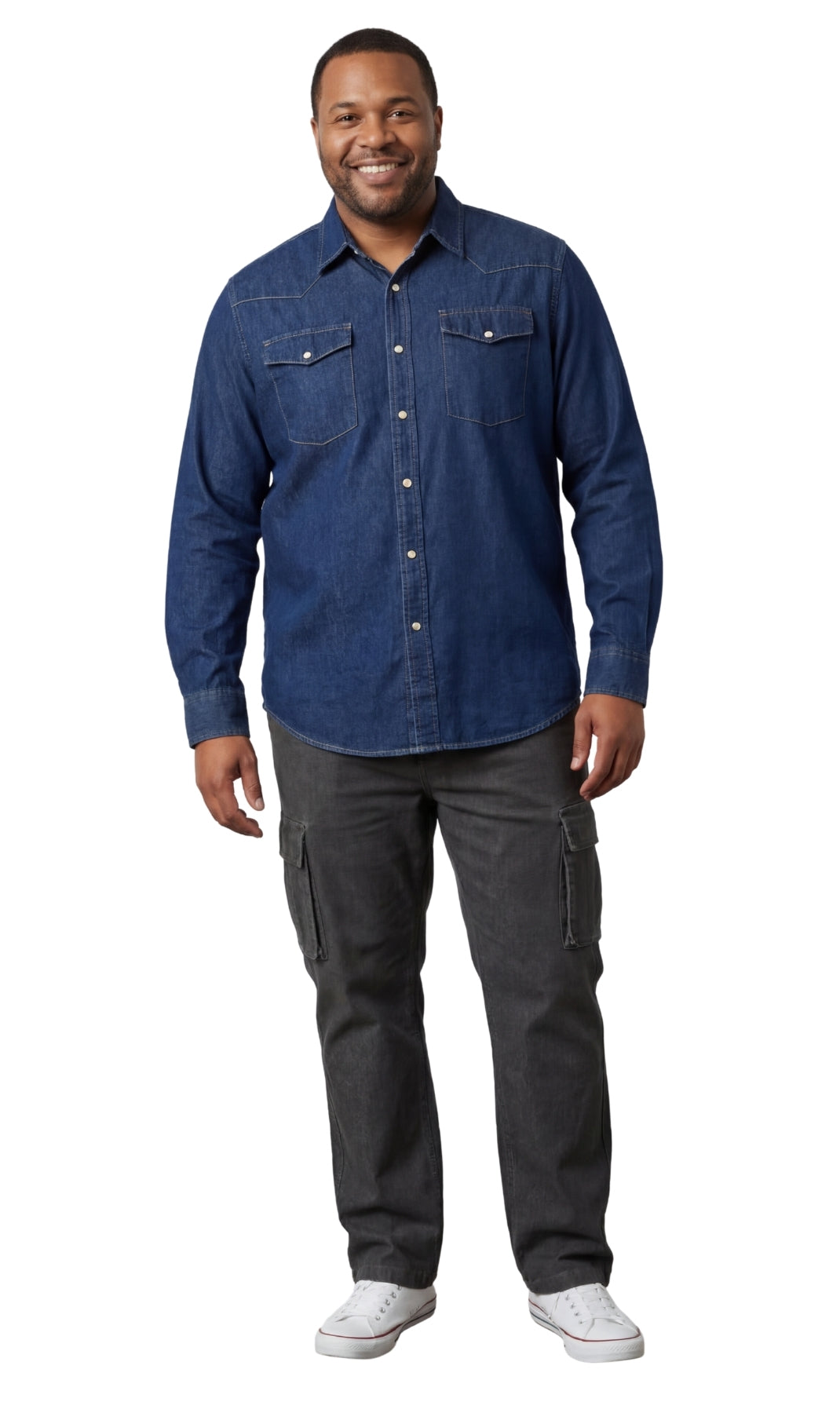 Mens Western Snap Front Button Shirt in Denim and Twill with a Stitched Yoke and Chest Pockets