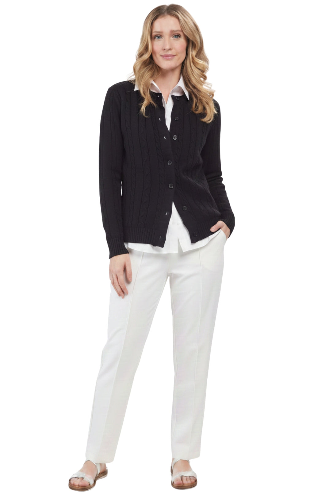 Women's Classic Button Front Cable Knit Cardigan in Soft Acryllic