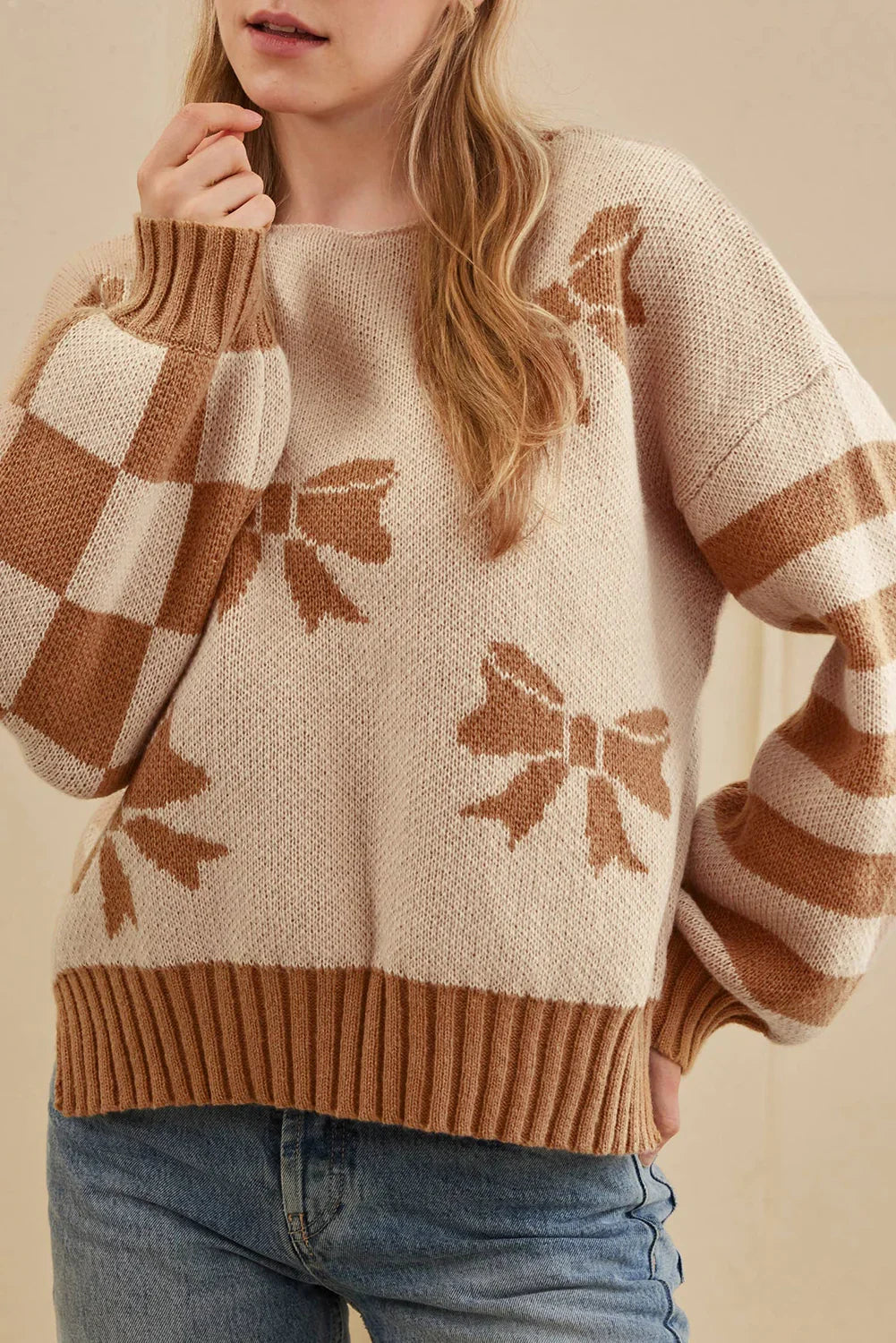 Straw Yellow Striped Checkered Sleeves Bow Print Knit Sweater