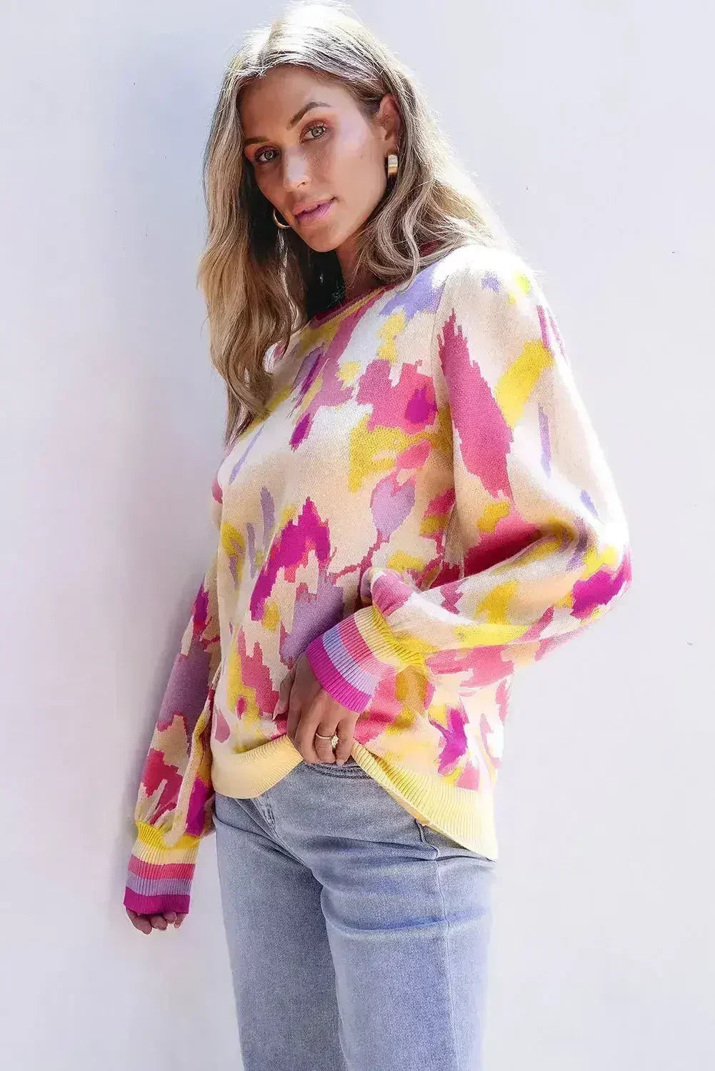 Abstract Balloon Sleeve Sweater - Colorblock Knit | Femstylo