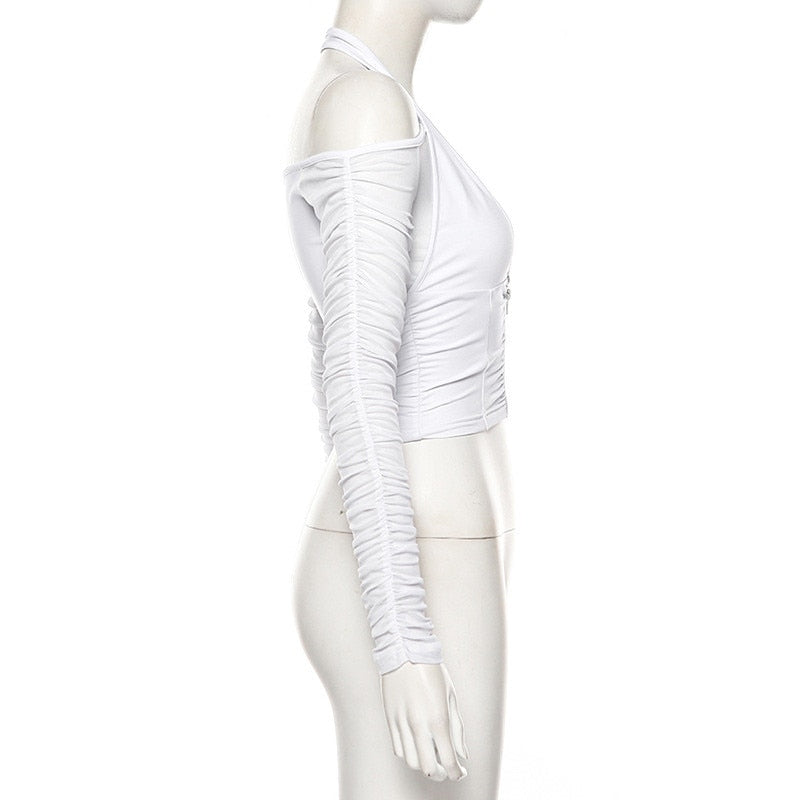 Mesh Shirt Women Tshirt Top Autumn Halter V-neck Off the Shoulder T-shirts Streetwear Top