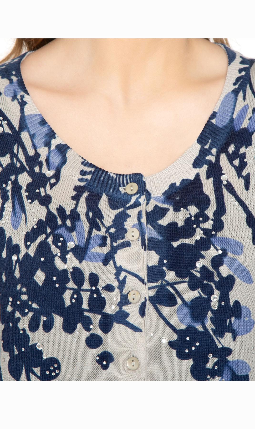 Women's 3/4 Sleeve Knit Printed And Embellished Cardigan Sweater
