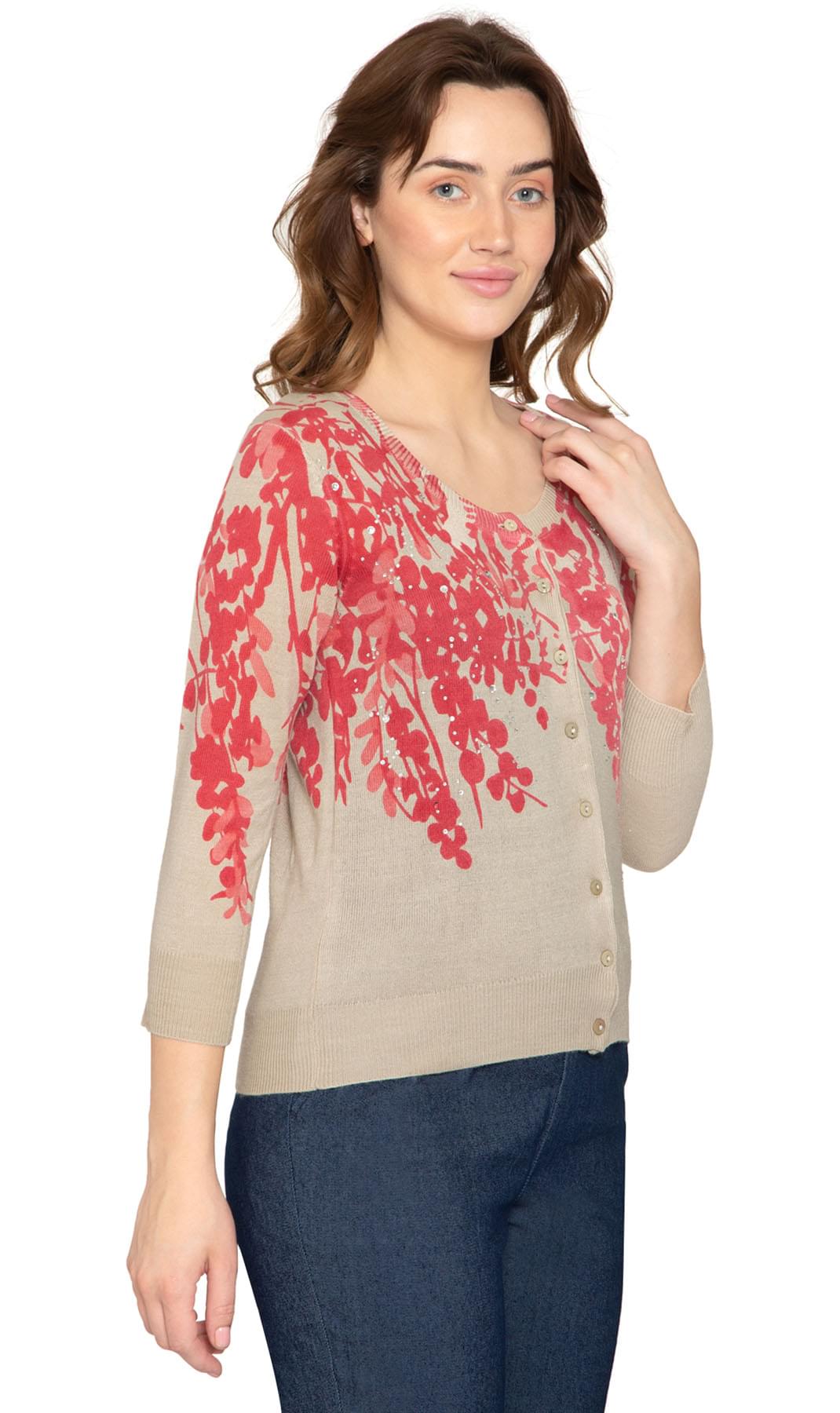 Women's 3/4 Sleeve Knit Printed And Embellished Cardigan Sweater