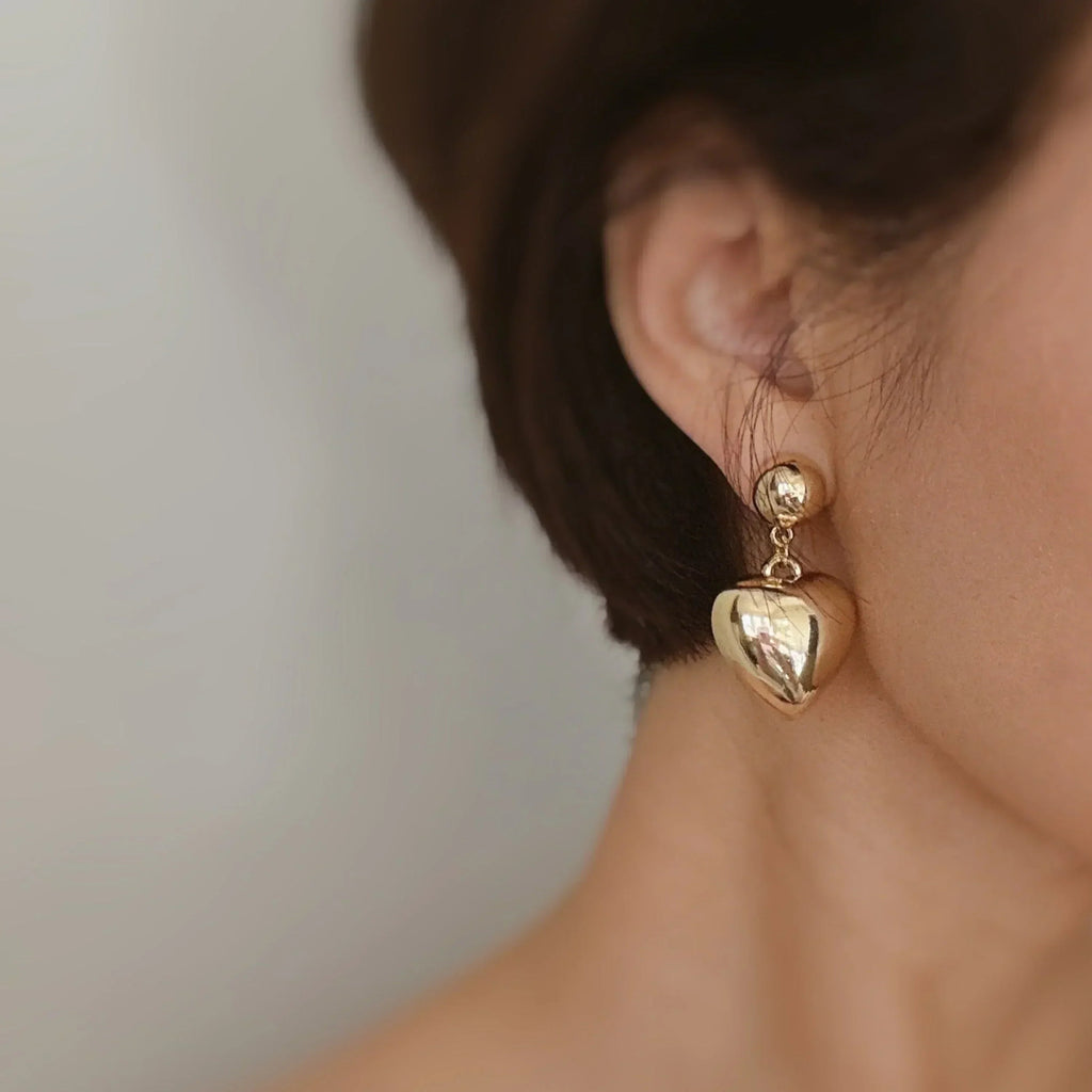 Puffy Heart Dangle Earrings | Romantic Alloy Metal Earrings - Femstylo