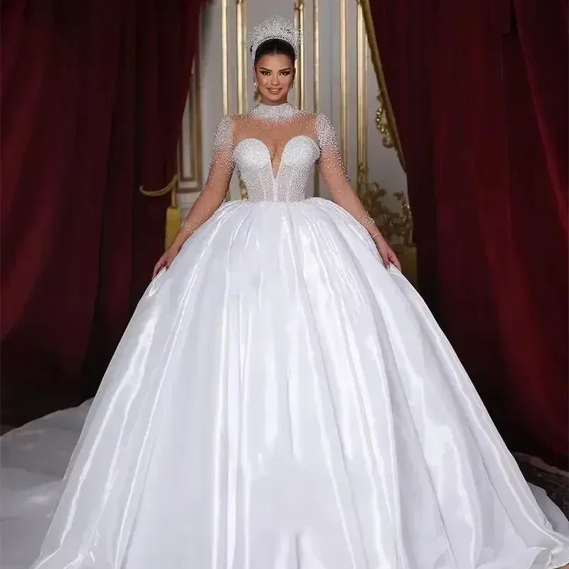 Flavinke Customized Wedding Dresses Long Sleeves High Neck Pearls Bridal Princess Ball Gown Chapel Trian Women vestidos de novia