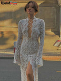 Weird Puss Embroidery Ruffles Dress Women Sexy Deep V-Neck Slits See Through Solid Tassel Petal Cuffs Street Elegance Vestidos