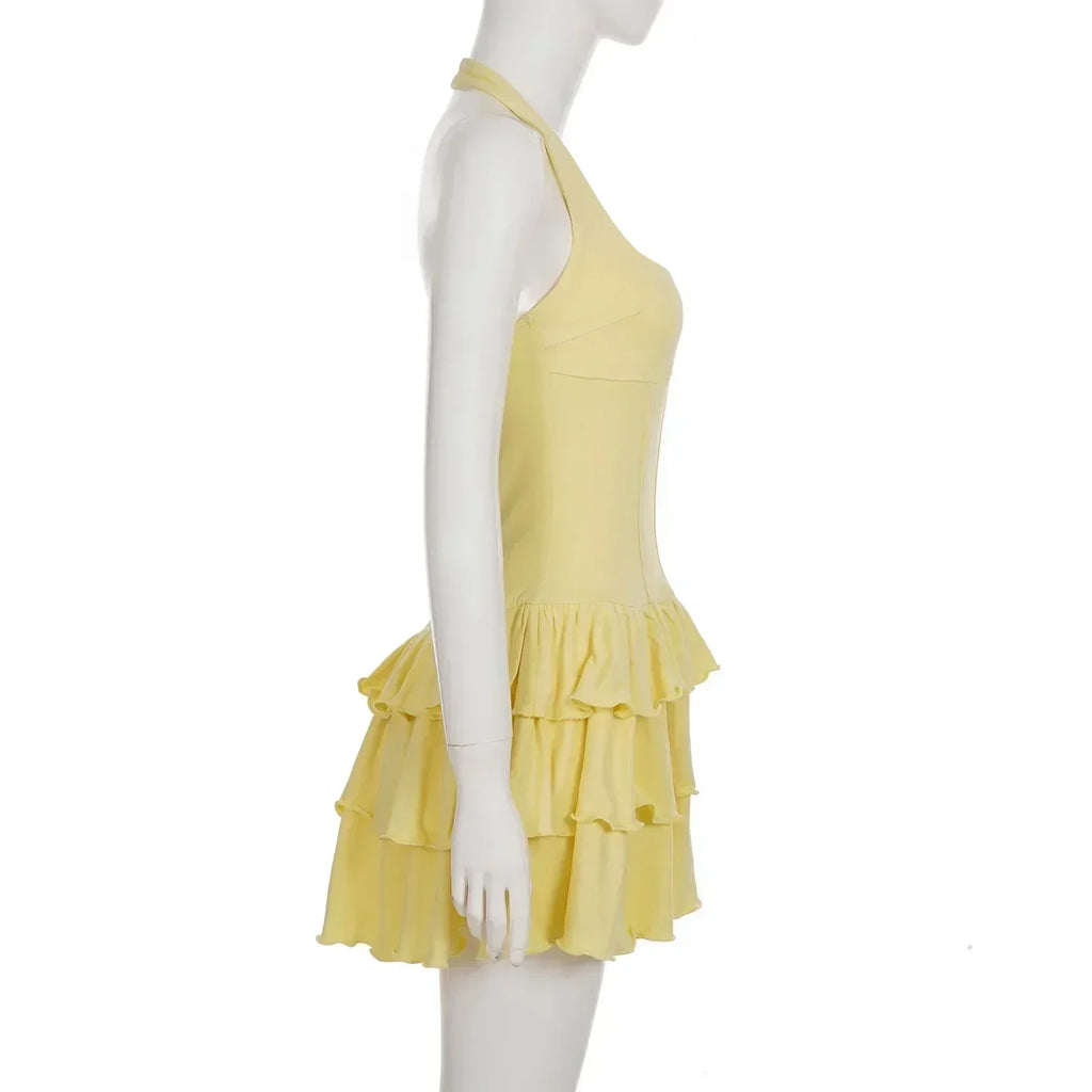 Tornova Vacation Halter Mini Dress For Women Solid High Waist Puffy Dress Ruffled Splice Fashion Sexy Slim Dress 2025 Summer New