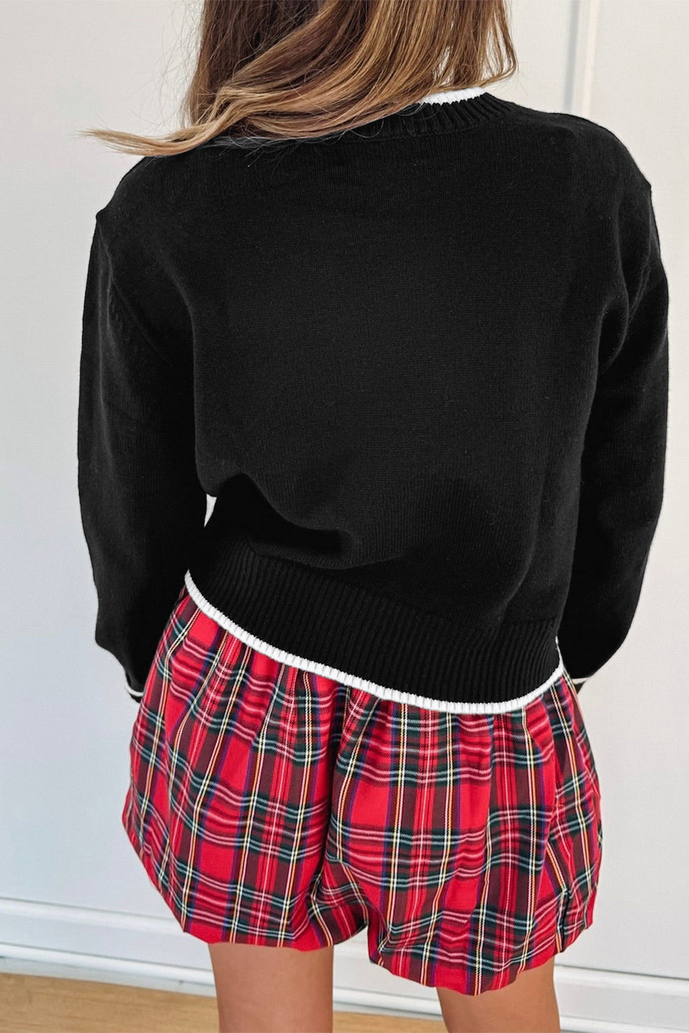 Black Contrast Trim Big Bow Accent Cropped Sweater
